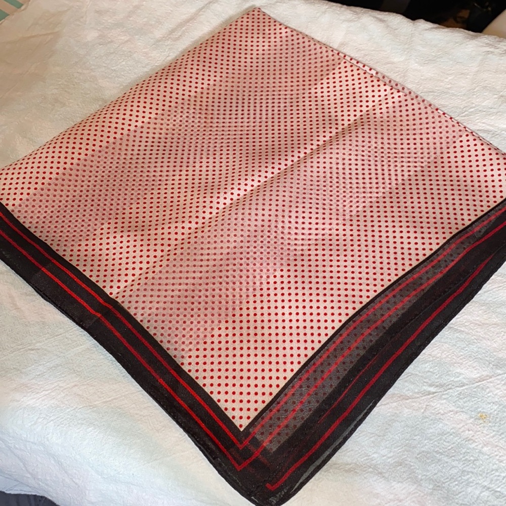 Women’s Cejon cream w/ red polka dots & navy trim w/ red stripes scarf 21” x 21”